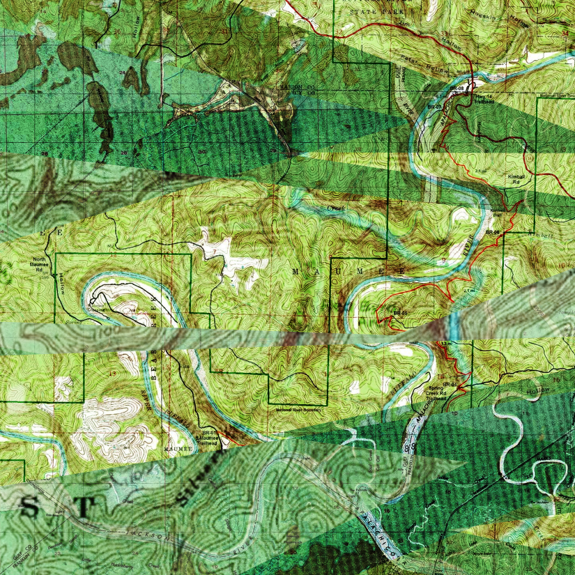 A digital collage of topographical riverland maps.