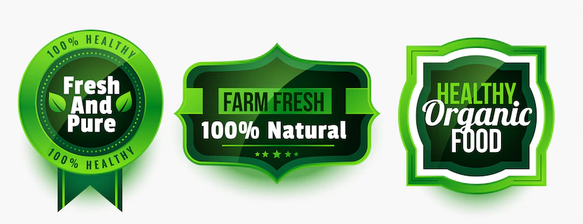 Three different brand slogans indicating farm fresh, 100% natural and organic food.