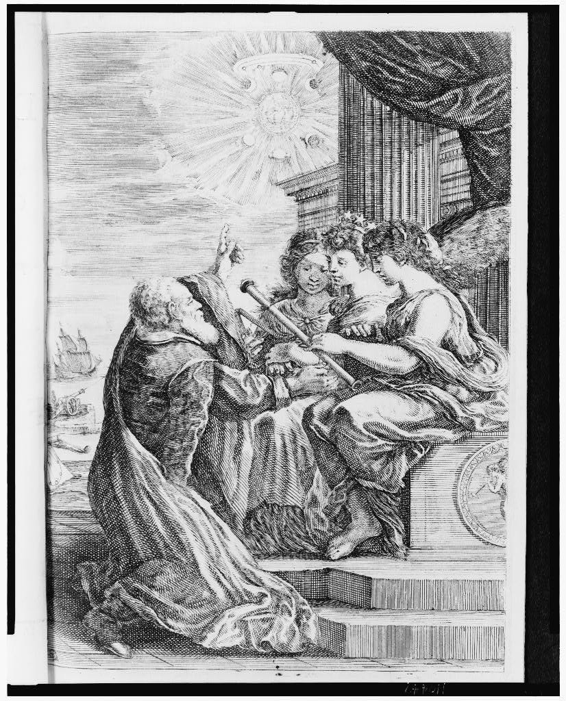 Galileo offering his telescope to three women (possibly Urania and attendants) seated on a throne; he is pointing toward the sky where some of his astronomical discoveries are depicted