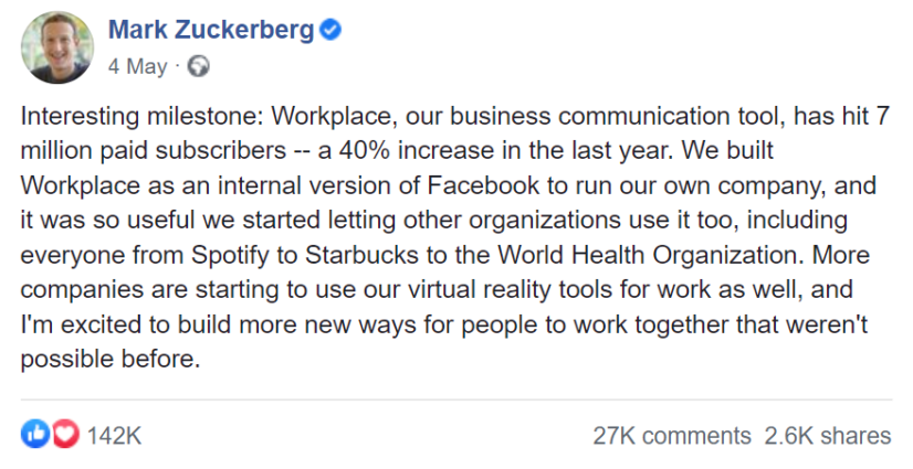 Workplace from Facebook daily active users