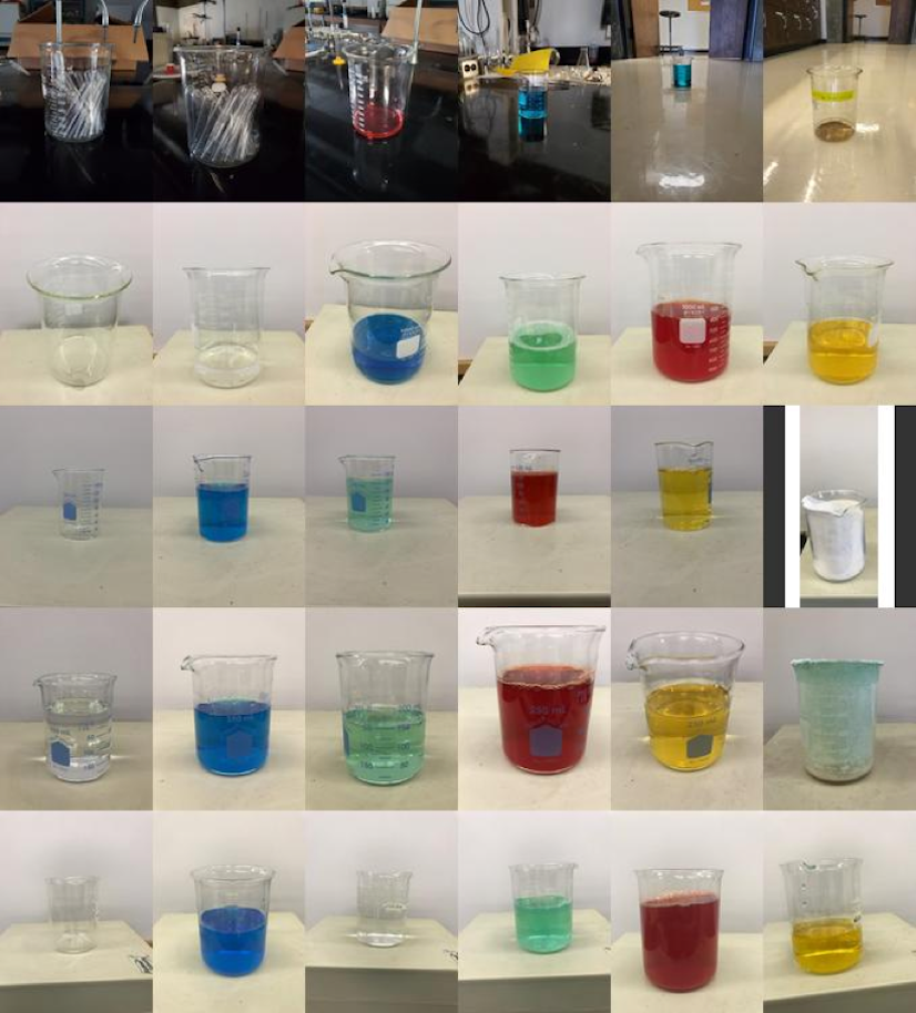 Beakers filled with colored liquids