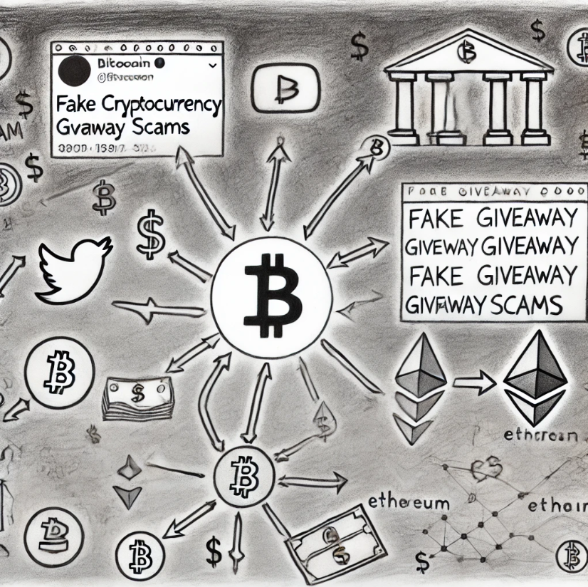 A detailed black and white pencil sketch depicting cryptocurrency giveaway scams on social media platforms with blockchain connections and scam transactions.