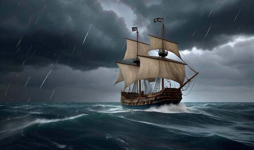 A ship in the stormy sea, showing courage!