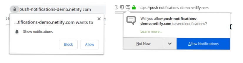 The browser asks the user consent to display notifications