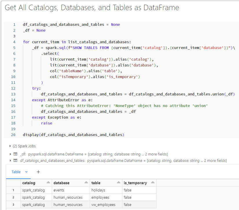 All tables, databases, and catalogs as a dataframe using SHOW TABLES FROM