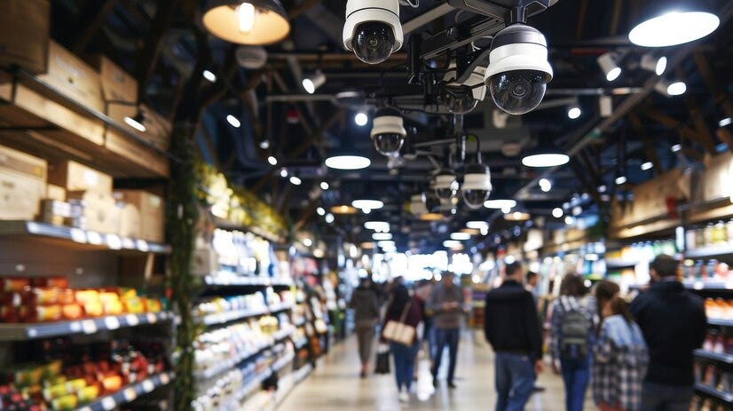 Security camera monitoring a shopping center, ensuring safety and real-time surveillance.