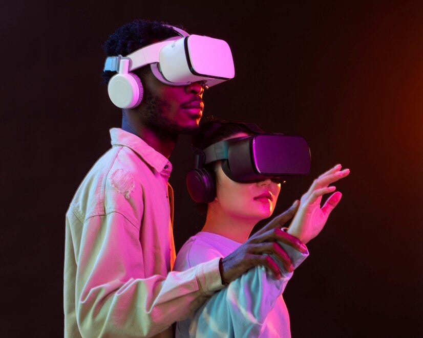 Image of a male and female in virtual word wearing VR headsets