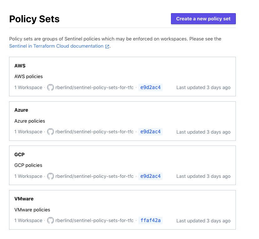 A screenshot showing the AWS, Azure, GCP, and VMware policy sets in one of the two TFC organizations