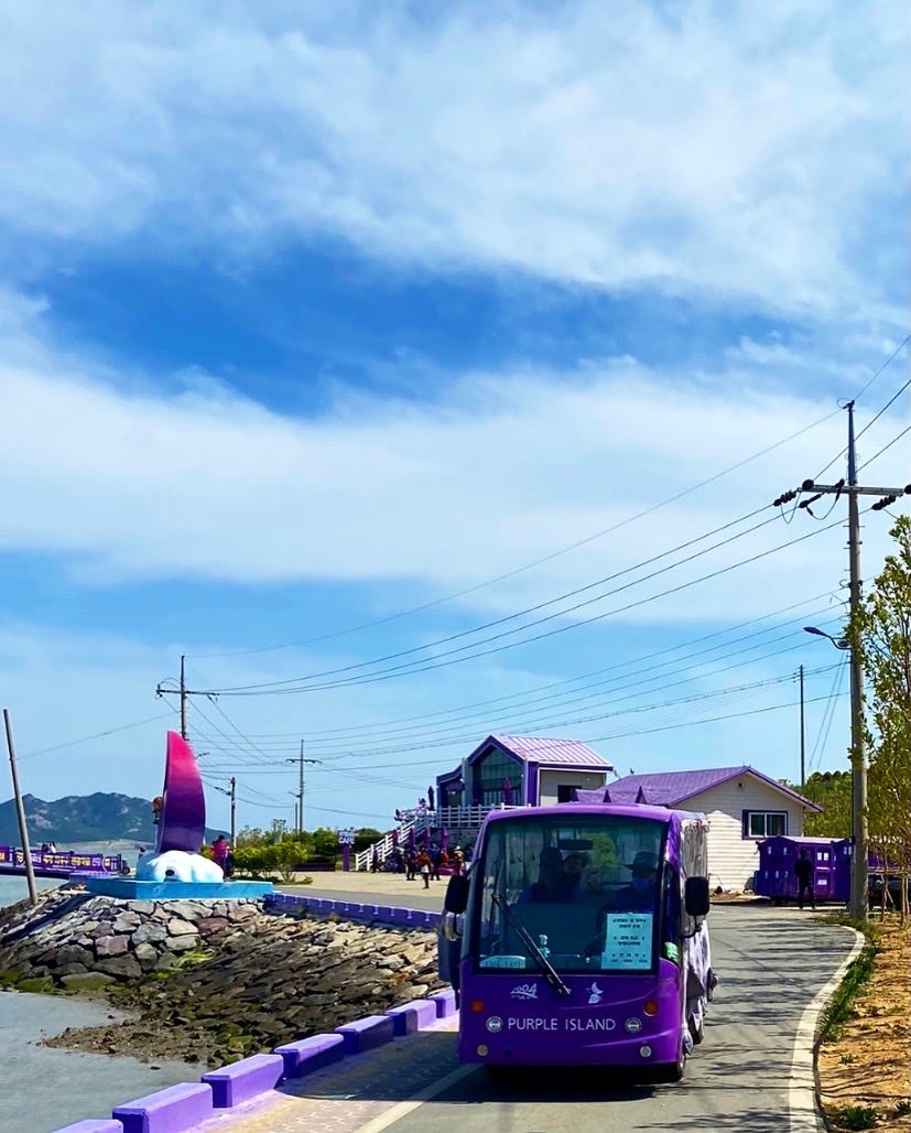 A purple tour bus that is designed to take you around the island if you don’t wish to walk around.