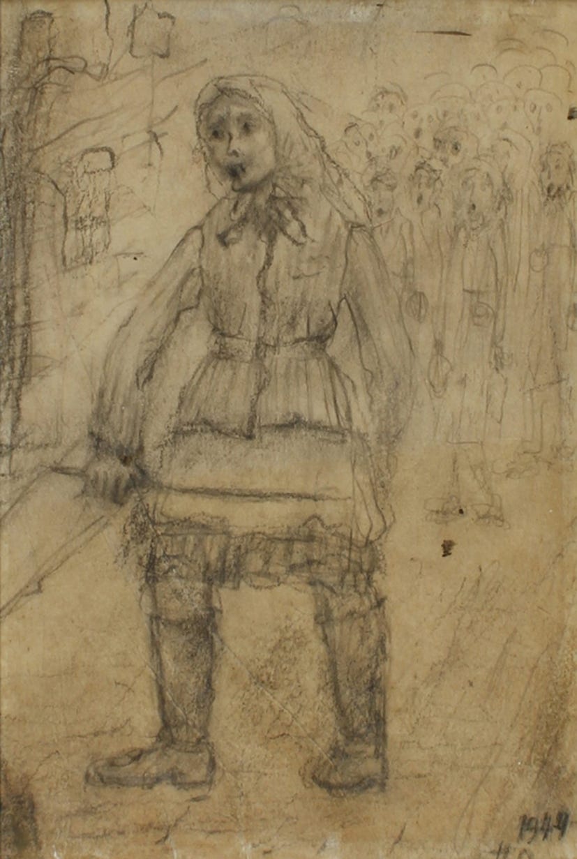 Charcoal sketch of a tall woman wearing a headscarf, striped jacket, skirt, and boots. She appears to hold a baton or large stick in her left hand. In the far right corner stand multiple figures, also wearing striped jackets. On the left there is a barbed wire fence.