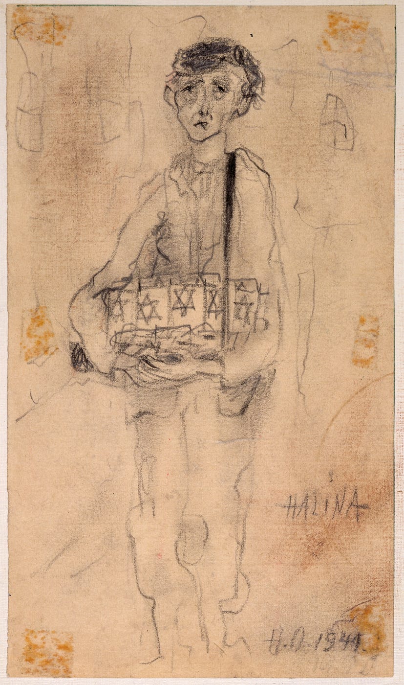 Charcoal sketch of a young boy carrying armbands imprinted with the Star of David. The boy frowns and looks off to one side. He has dark hair, and appears to be wearing a loose shirt and pants.