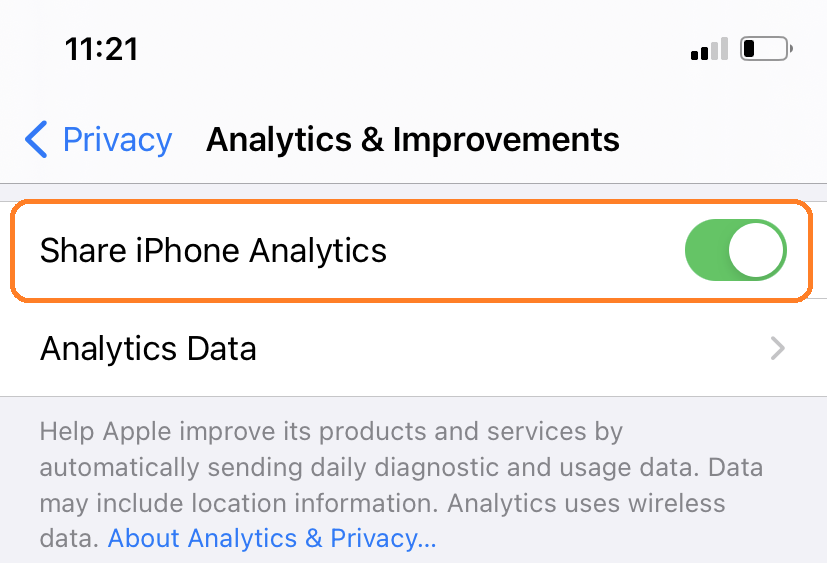 Screenshot of iPhone’s ‘Privacy’ settings