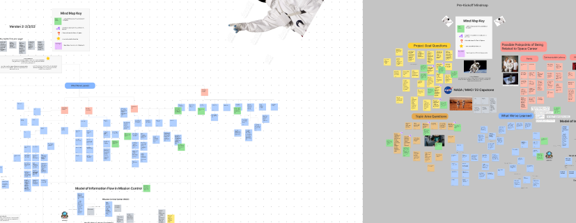 a digital whiteboard with tons of sticky notes scattered across multiple diagrams