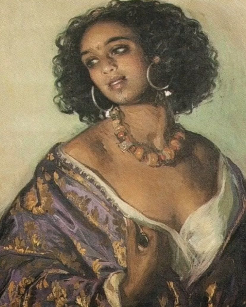 Image of a light brown skinned North African woman with curly hair. Her chest is exposed to show cleavage. She has traditional jewelry, including silver hoop earrings, amber necklace, and face tatoos.
