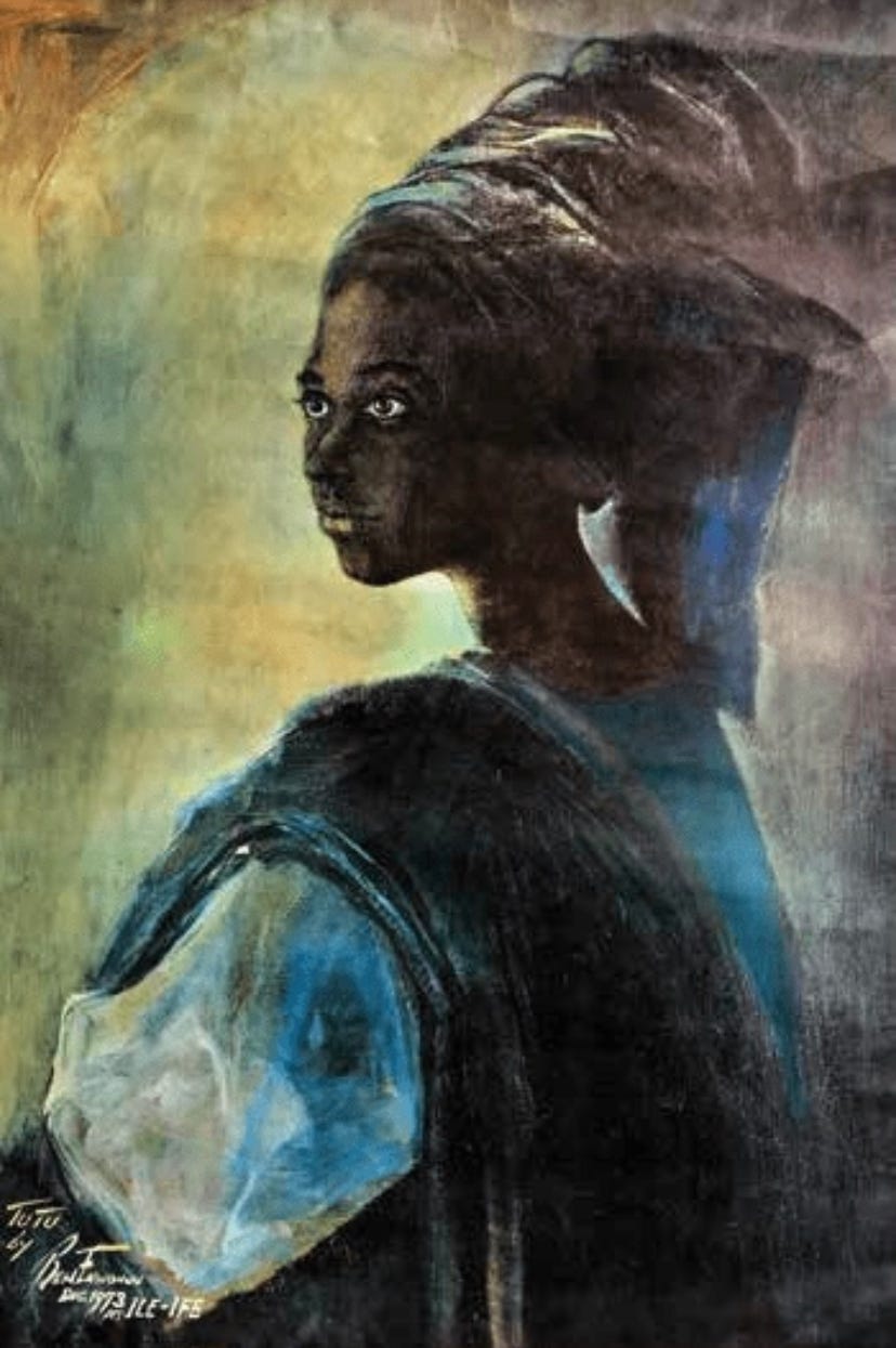 Portrait of a young girl with dark skin and large eyes, looking over her shoulder. She is wearing a dark shawl and the background is a blend of muted colors. There is signature at bottom left. It is a painting by Ben Enwonwu, titled, Tutu.