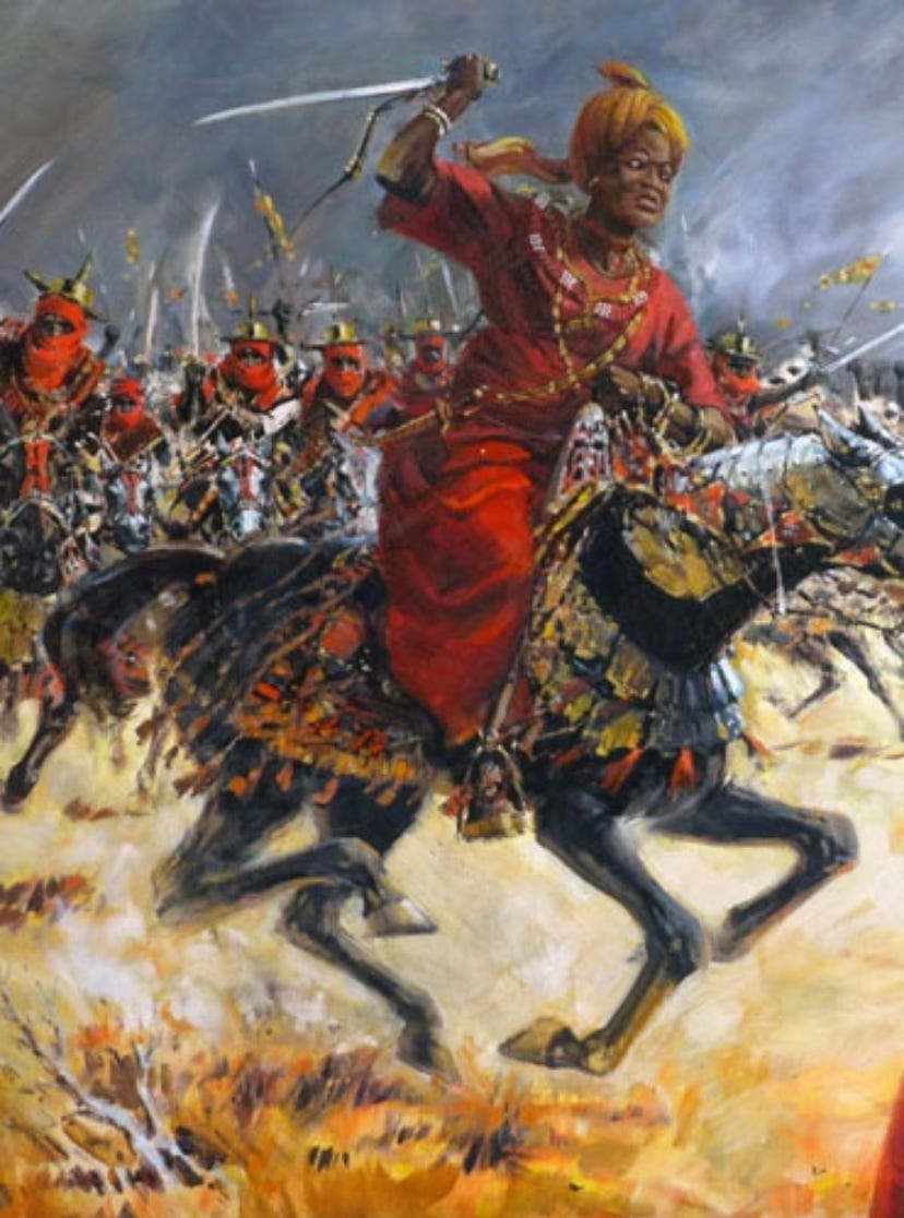 A dynamic painting depicting a warrior in red leading a charge with a sword, surrounded by other warriors in a fiery battlefield scene in a painting by Erhabor Emokpae, titled, Queen Amina of Zaria.
