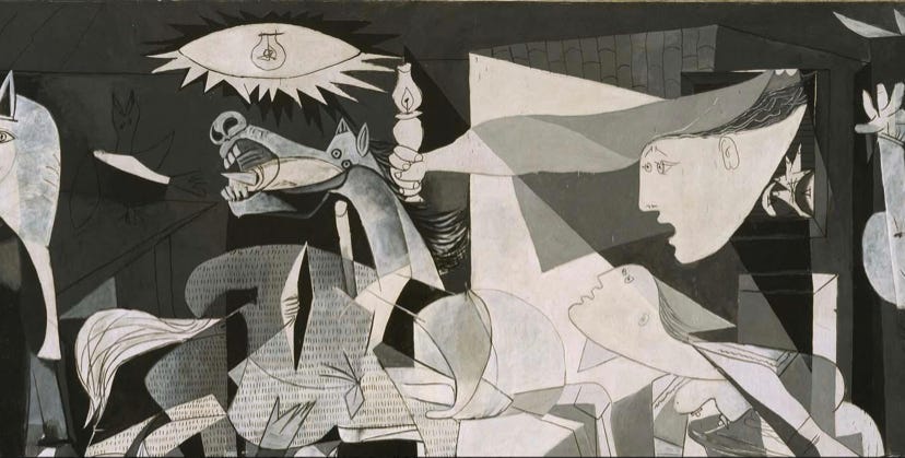 Black and white abstract painting depicting chaotic scenes with distorted figures and animals, highlighted by a prominent eye and light bulb in a painting by Pablo Picasso titled Guernica.