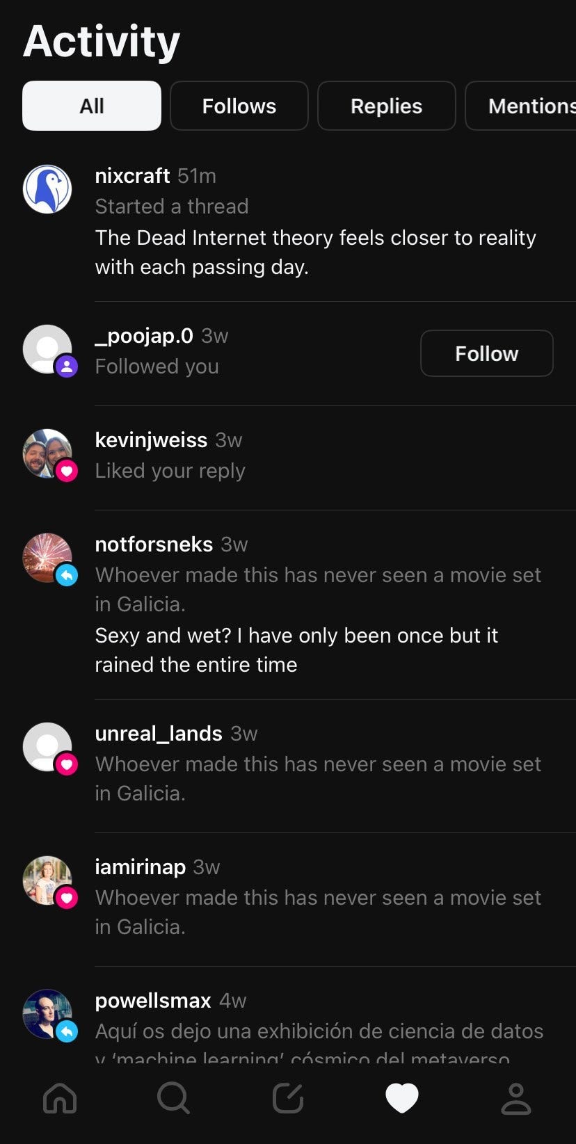 A screenshot of the activity tab in the Threads application showing various user interactions. The most recent activity, from the user “nixcraft,” is a notification about starting a thread 51 minutes ago, mentioning the Dead Internet theory. All other notifications, including new followers, likes, and comments, are from 3 weeks ago or older. The comments refer to movie sets and the weather in Galicia, while another user provides information about an exhibition on data science and ‘machine learni