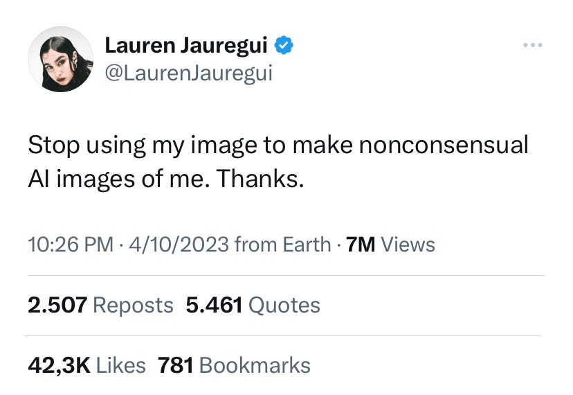 A screenshot of a tweet on X of a person called Lauren Jauregui saying “Stop using my image to make nonconsensual AI images of me. Thanks.”