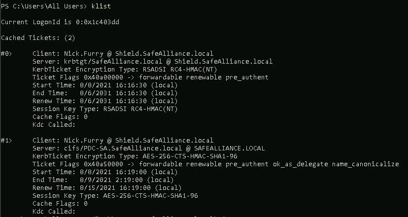 Showing the Kerberos tickets using the klist command