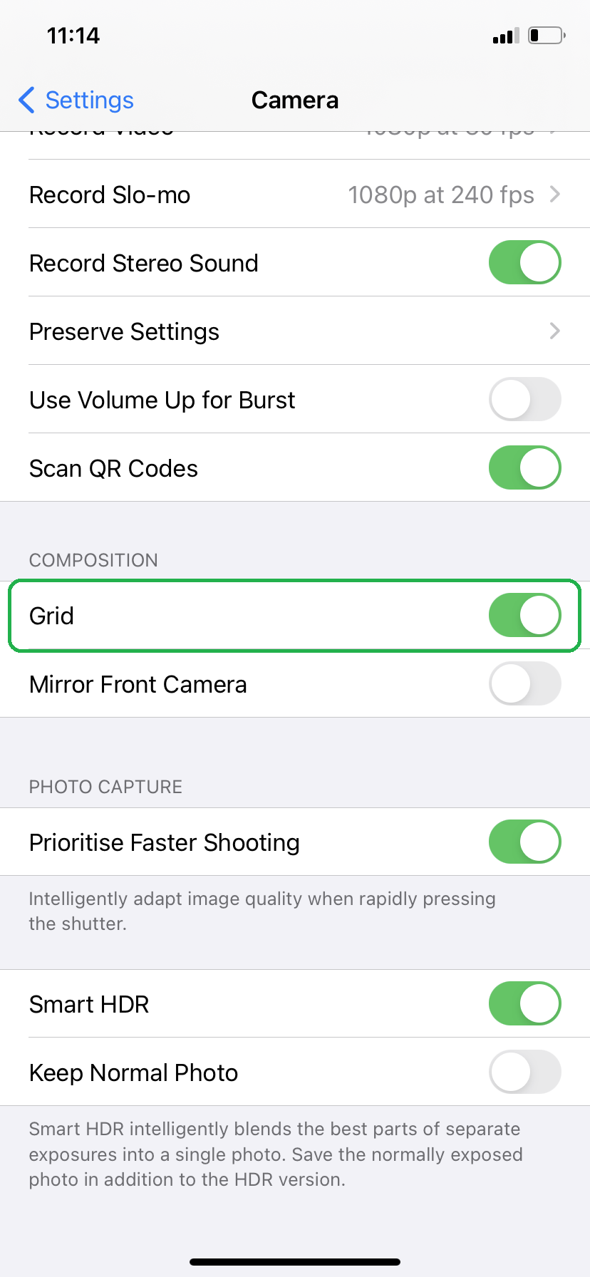 Screenshot of iPhone’s Camera settings