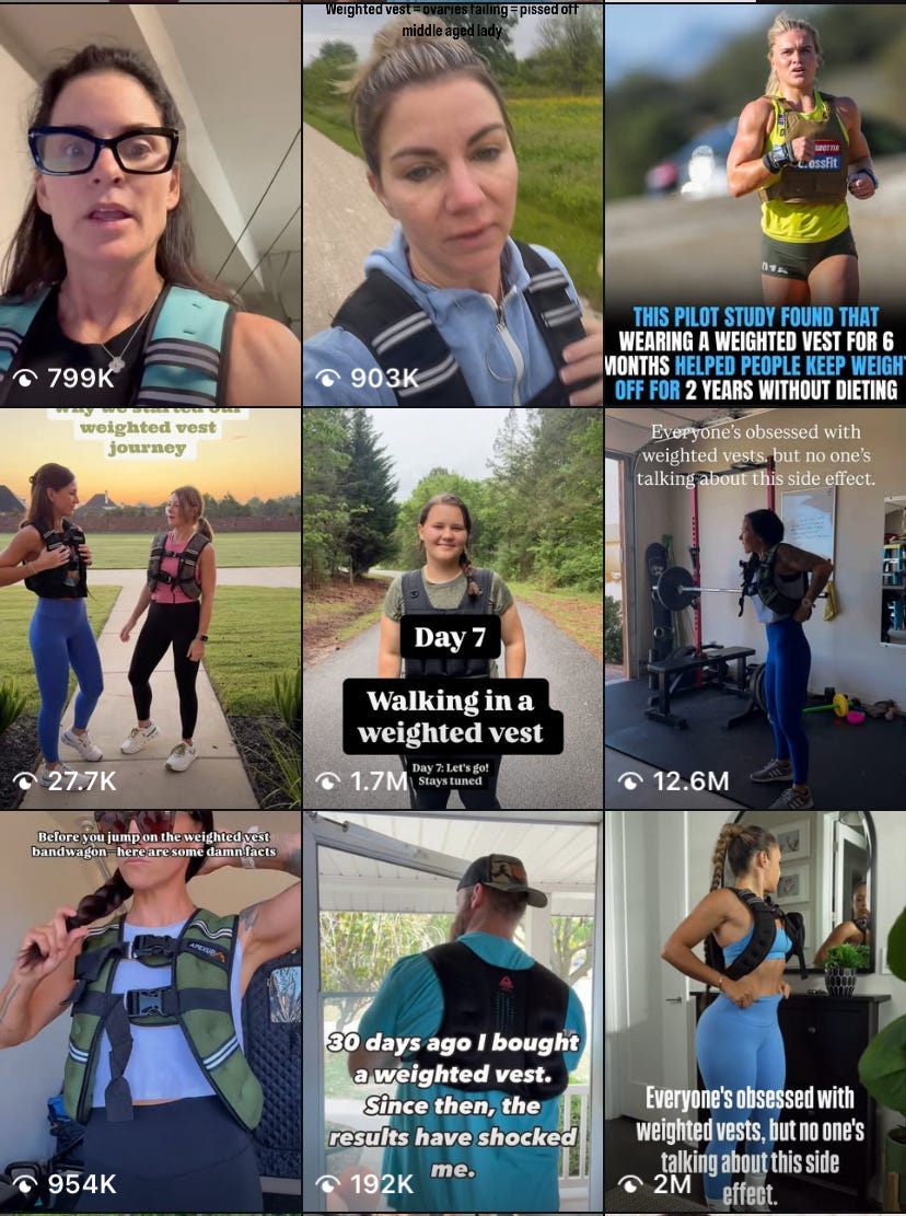 A screenshot of an Instagram search result page with many reels touting the purported benefits of walking with weighted vests