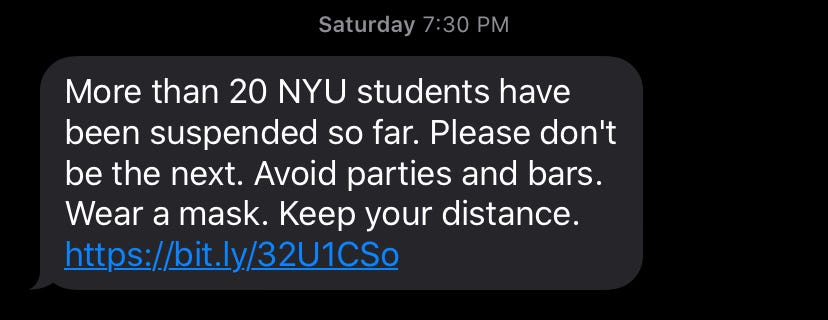 A screenshot of a text from NYU advising students to stay away from parties and bars, as well as follow social distancing.