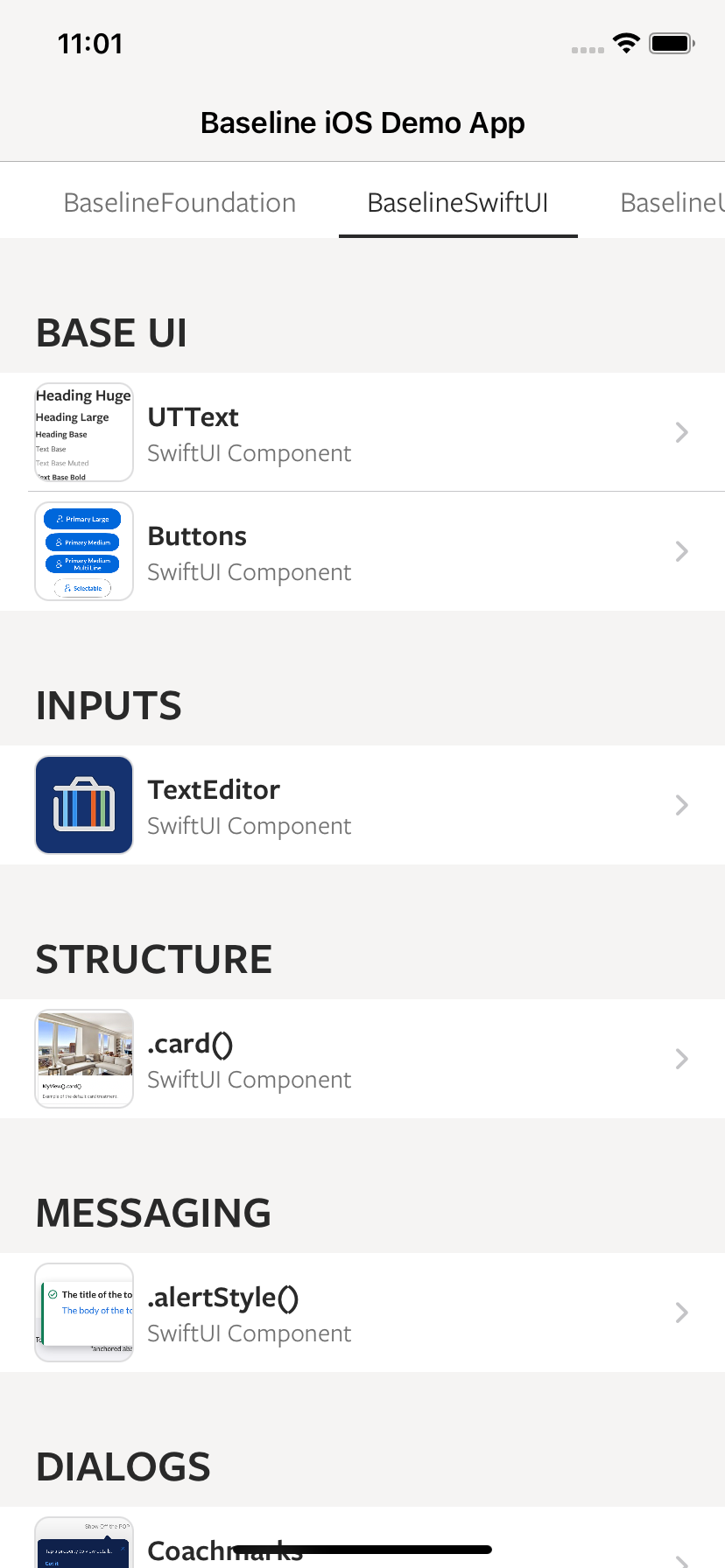 Screenshot of an iOS app listing reusable layout components