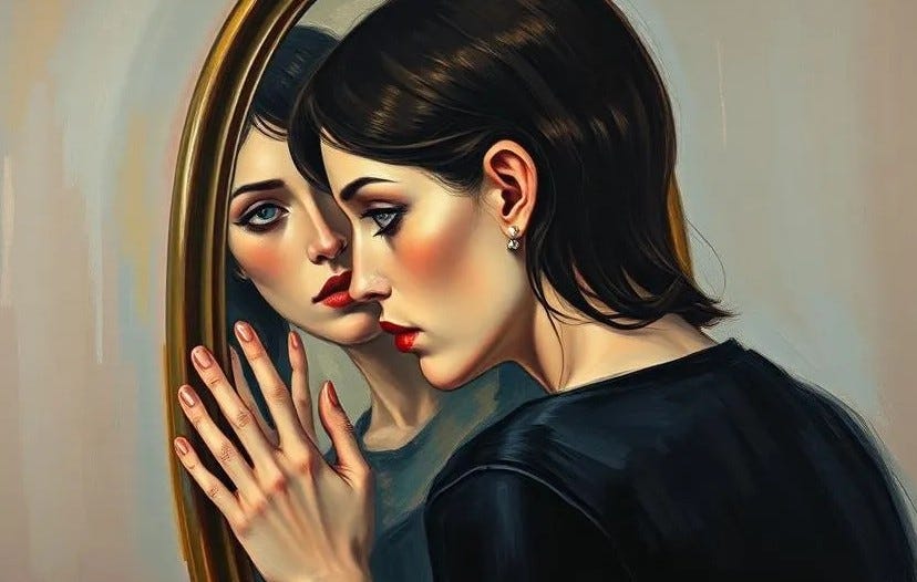 person next to a mirror, with hand on it, but not looking directly at it; the reflection is not accurate — it is the person looking at the one outside of the mirror and putting their hand against the other’s but not aligned; message is a metaphor for feeling stuck