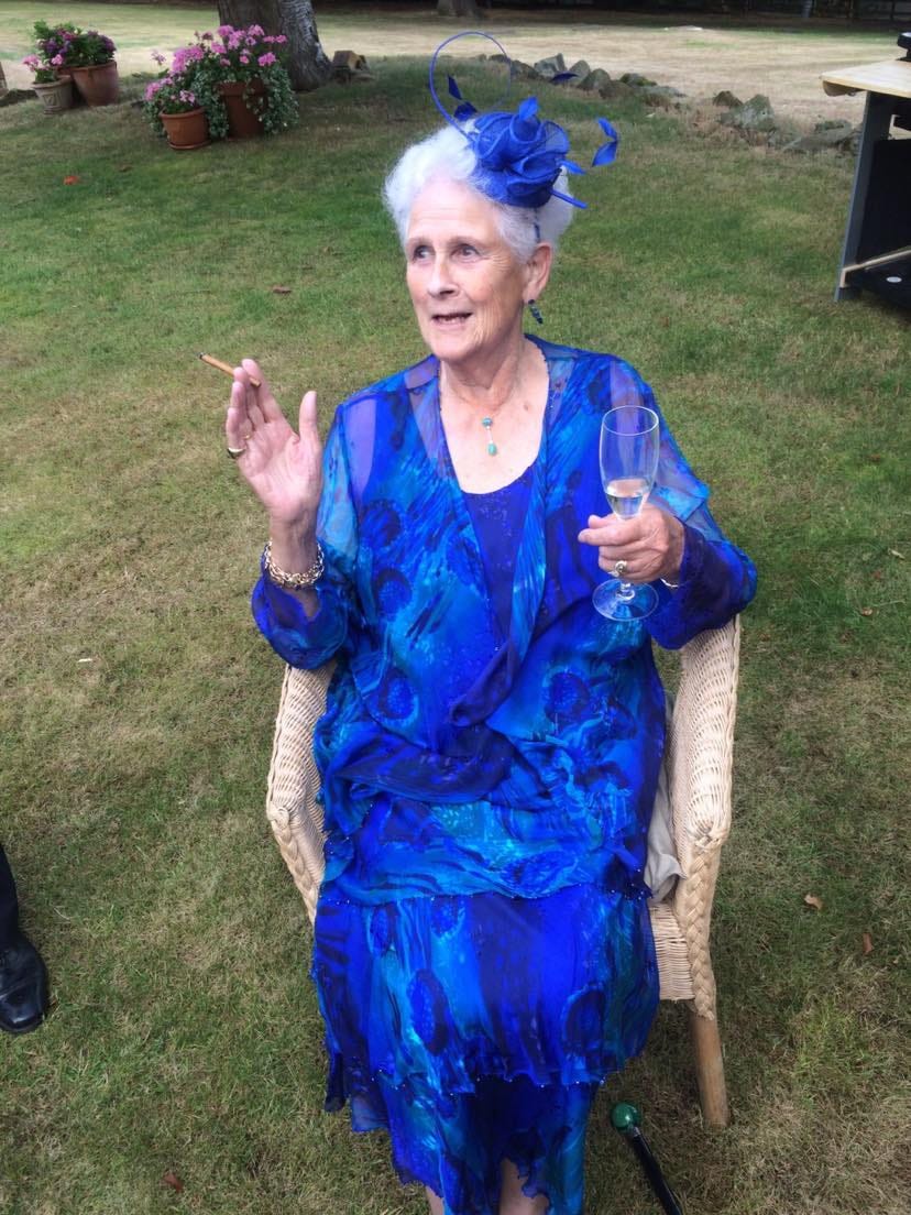 Granny in her iconic blue wedding outfit that she wore to every grandchilds wedding