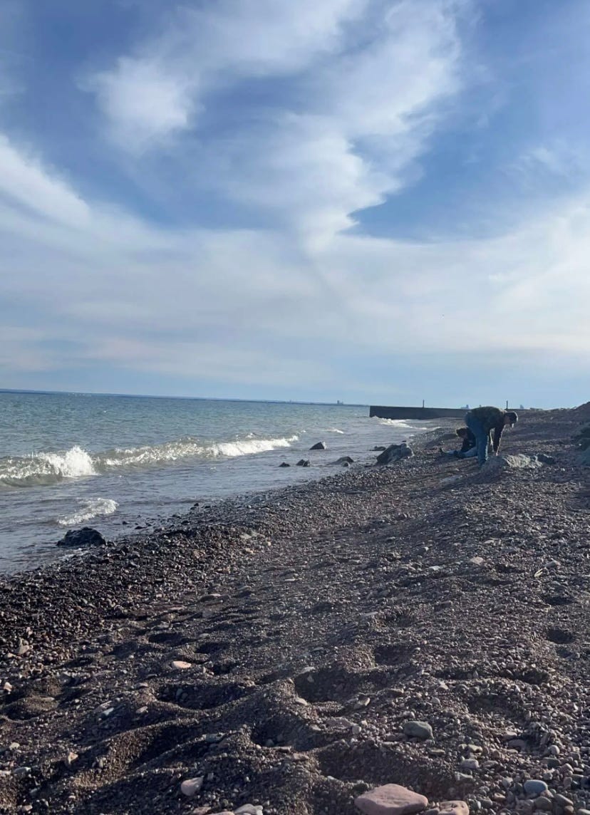 On the shores of Lake Superior in Duluth, MN. A group of college students are getting familiar with the cold water and ripping winds on a brisk 37° F day.