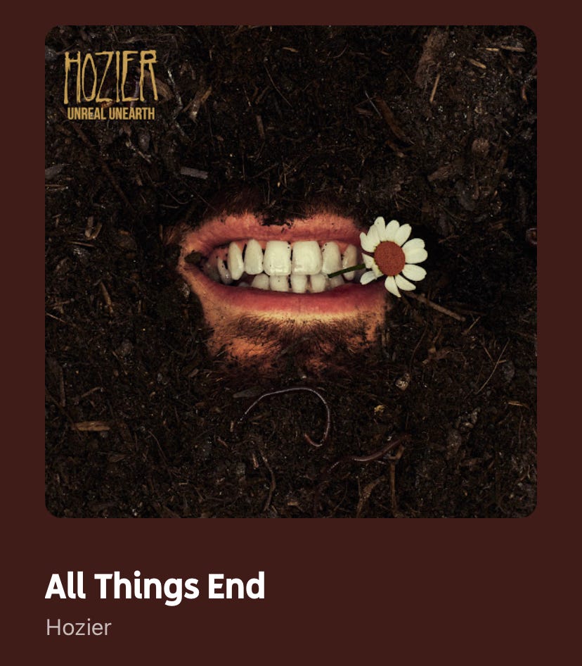 A screenshot of Hozier’s All things End from Youtube Music