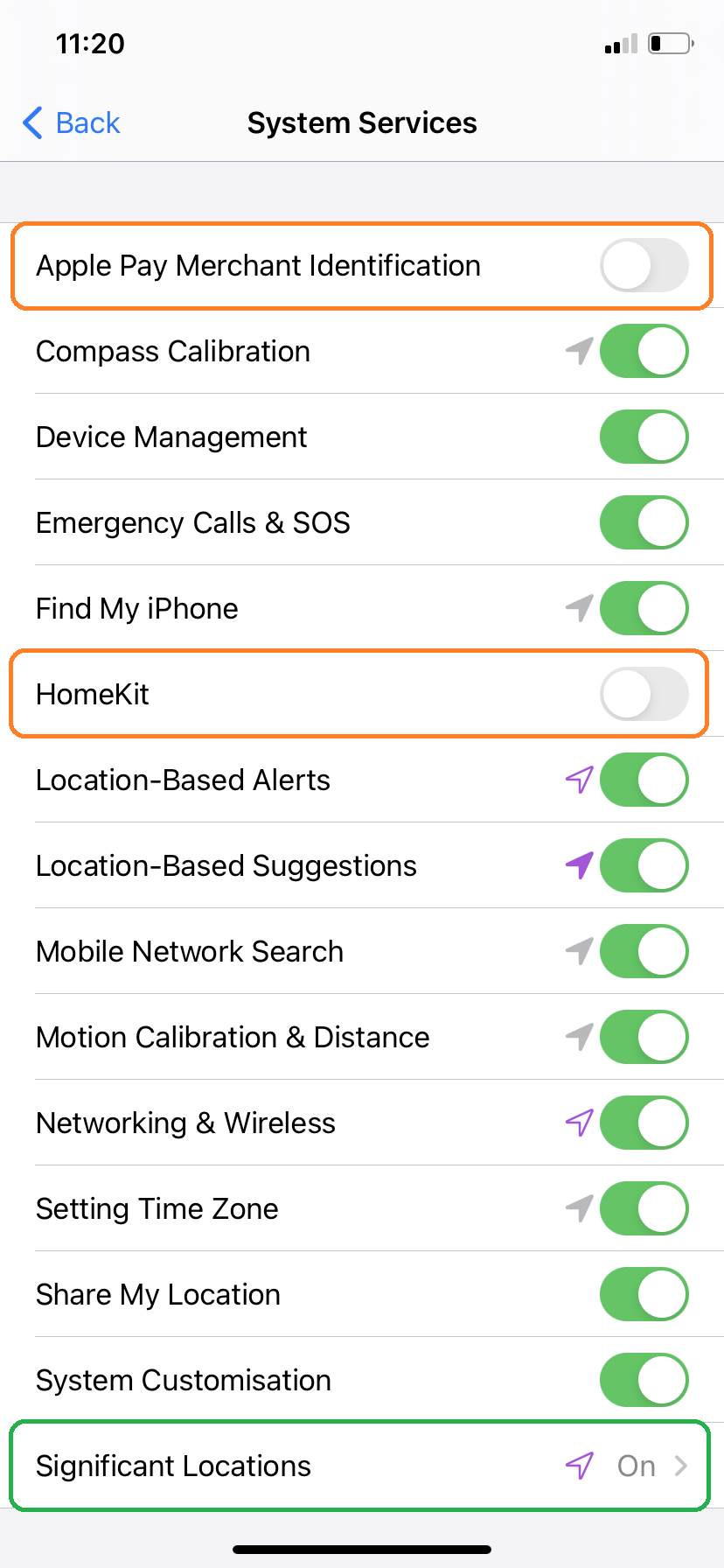 Screenshot of iPhone’s ‘System Services’ settings