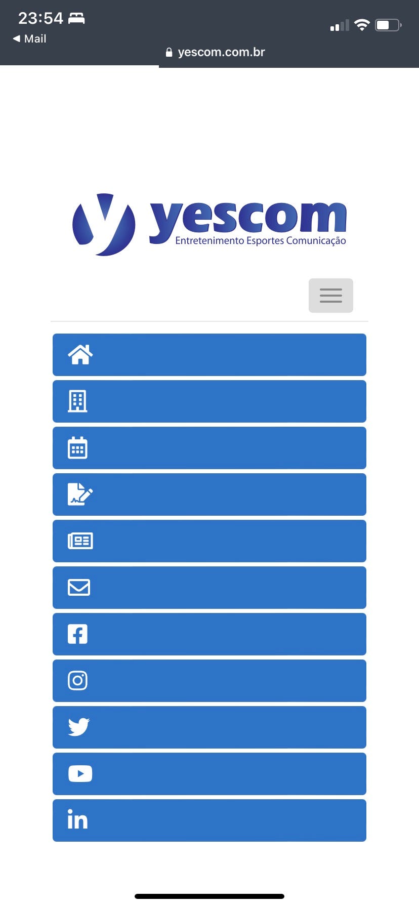 Tela de entrada da plataforma Yescom, em que o direcionamento do menu é feito apenas através de ícones, sem o apoio de Título das seções.