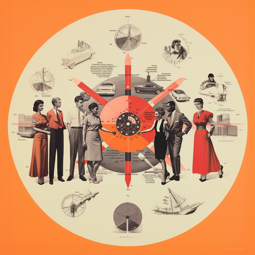 AI generated image shows a six -point compass with figures around it in 1950s style and various items such as stylized boats and cars
