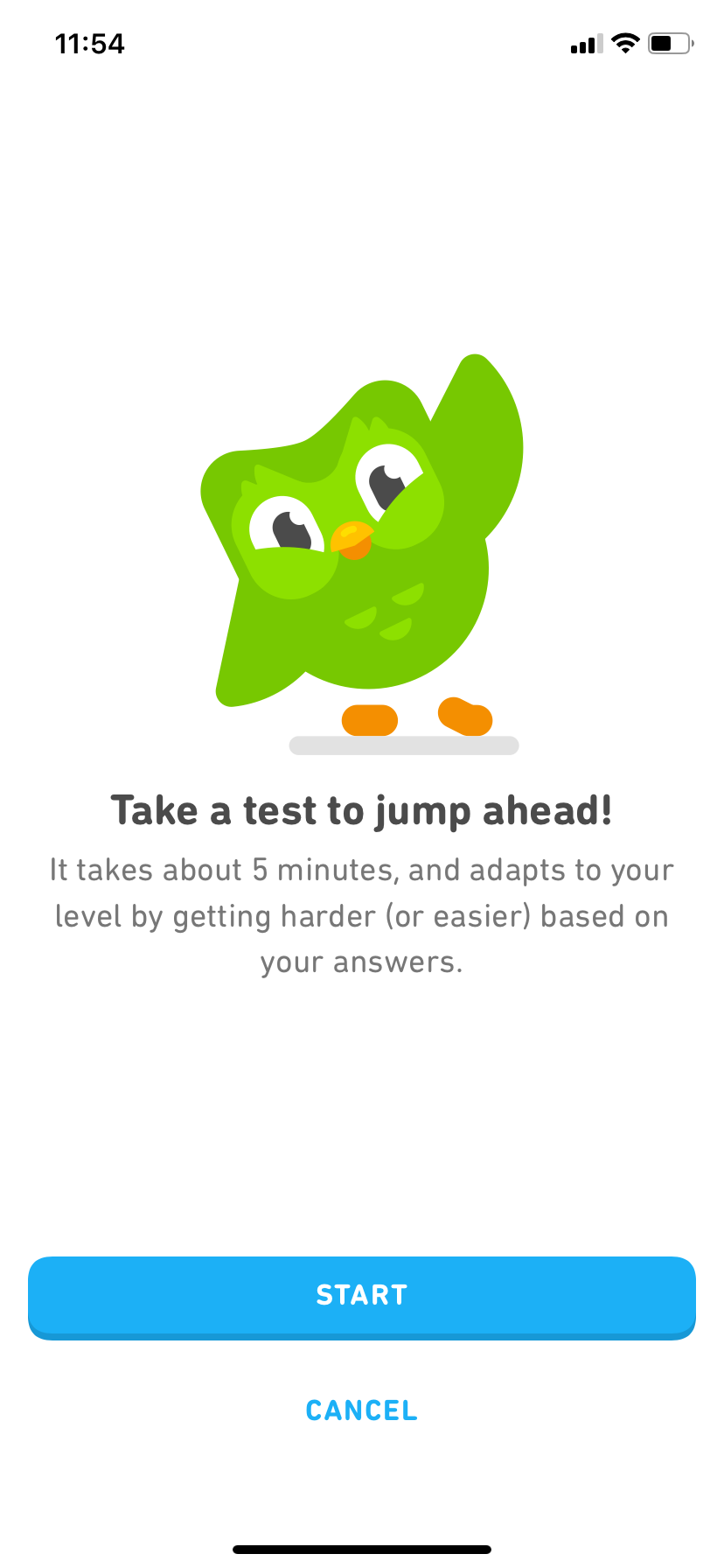 Screenshot of a screen inviting new users to try a first exercise: Take a test to jump ahead! “