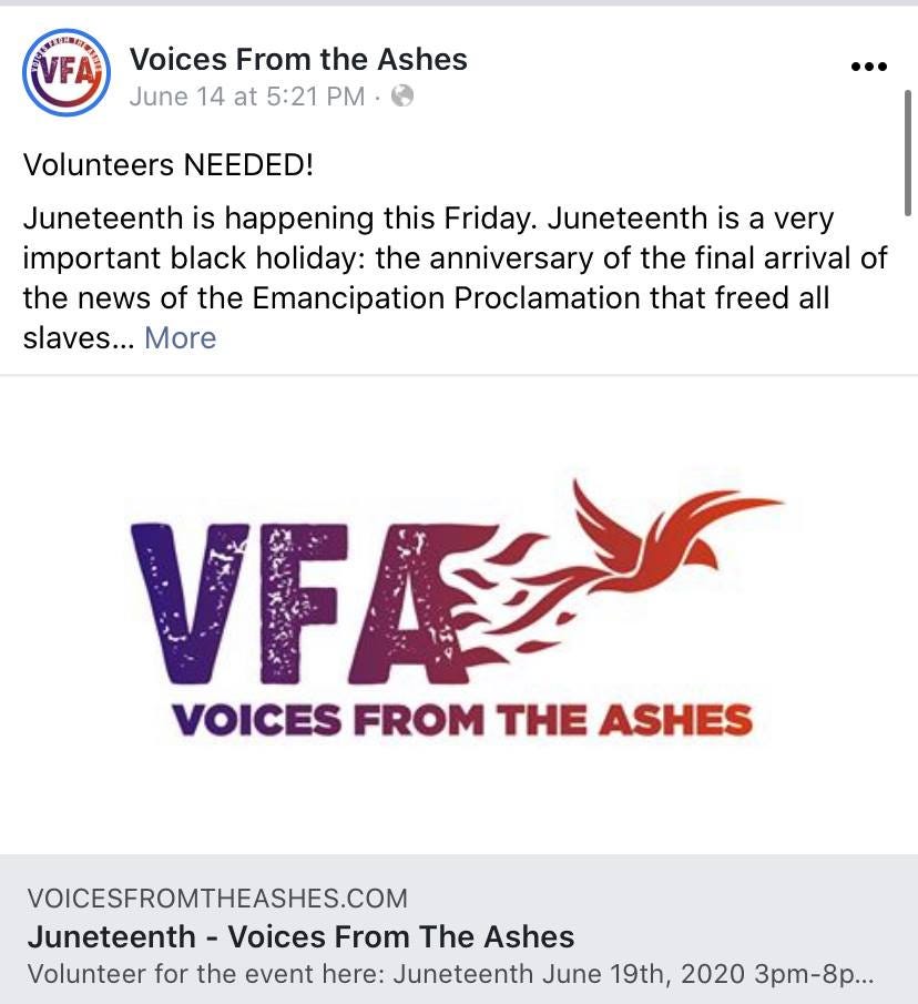 A post made by VFA requesting volunteer assistance