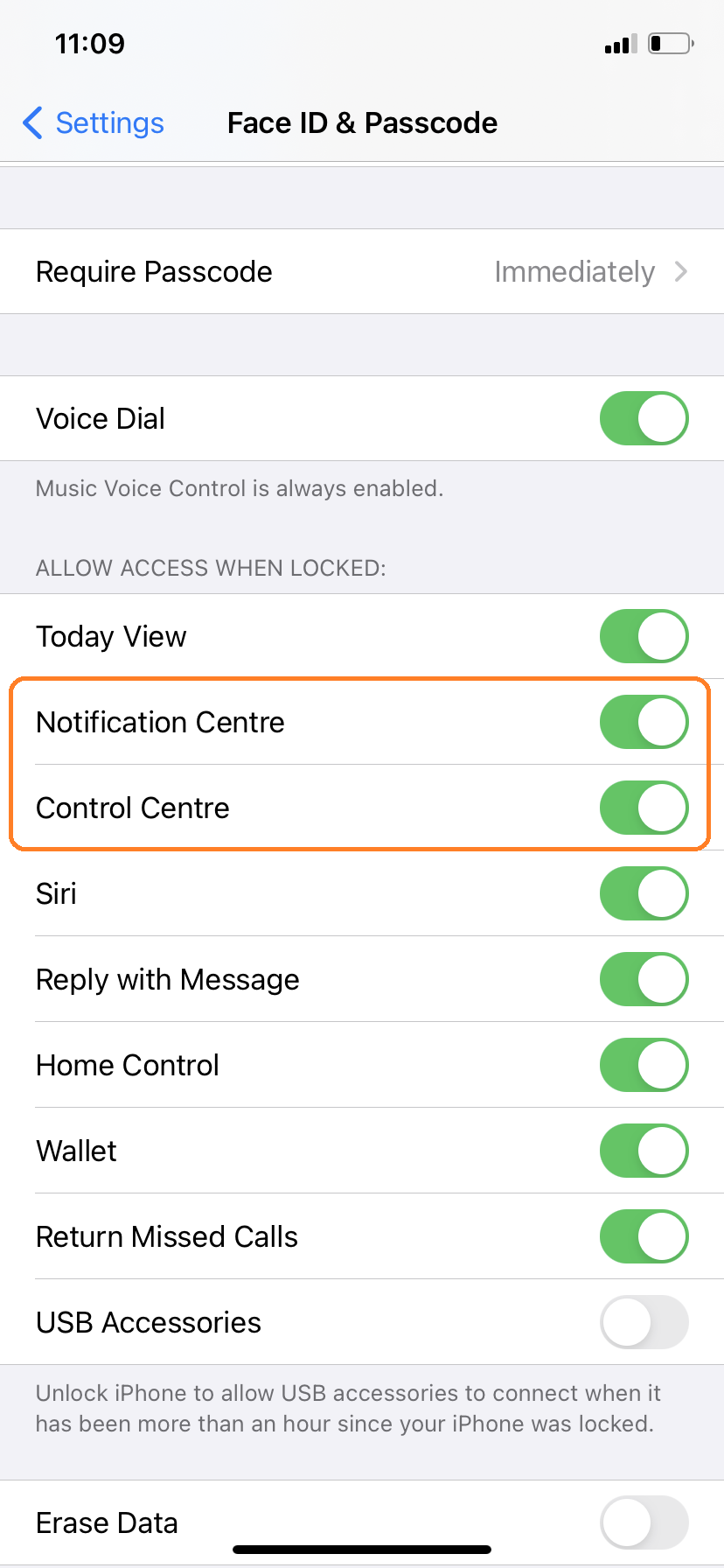 screenshot of iPhone’s FaceID and Passcode settings