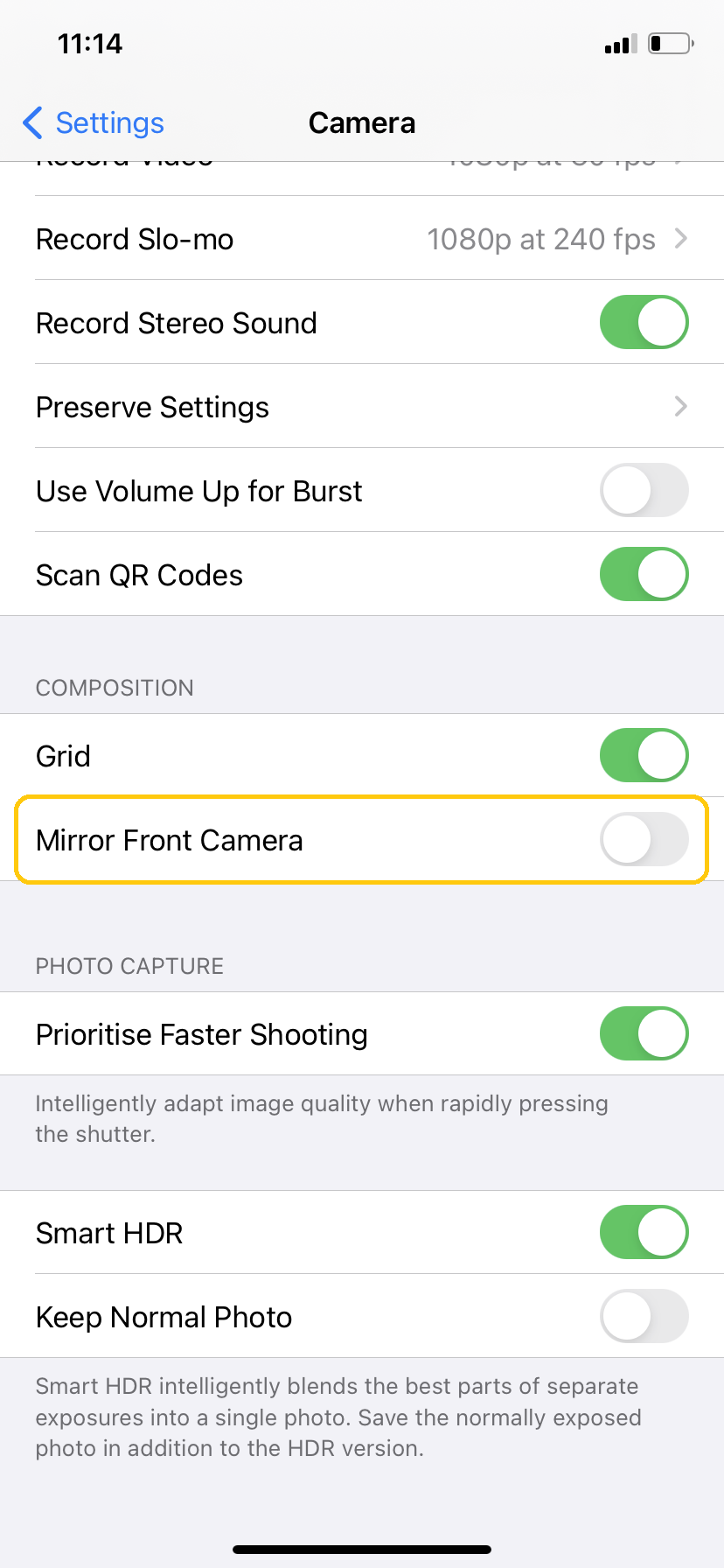 screenshot of iPhone’s Camera settings