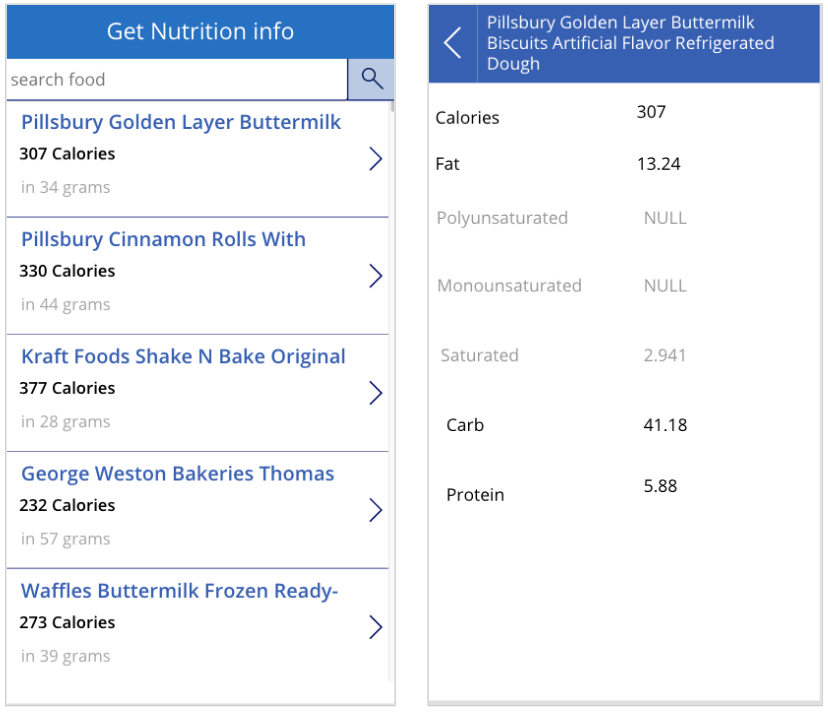 Nutrition app in PowerApps using Excel static data — Cloudatica example