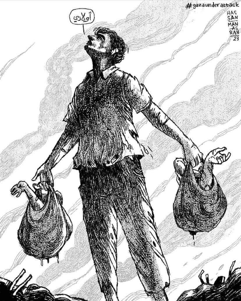 It captures a man carrying the remnants of his two children in plastic bags.