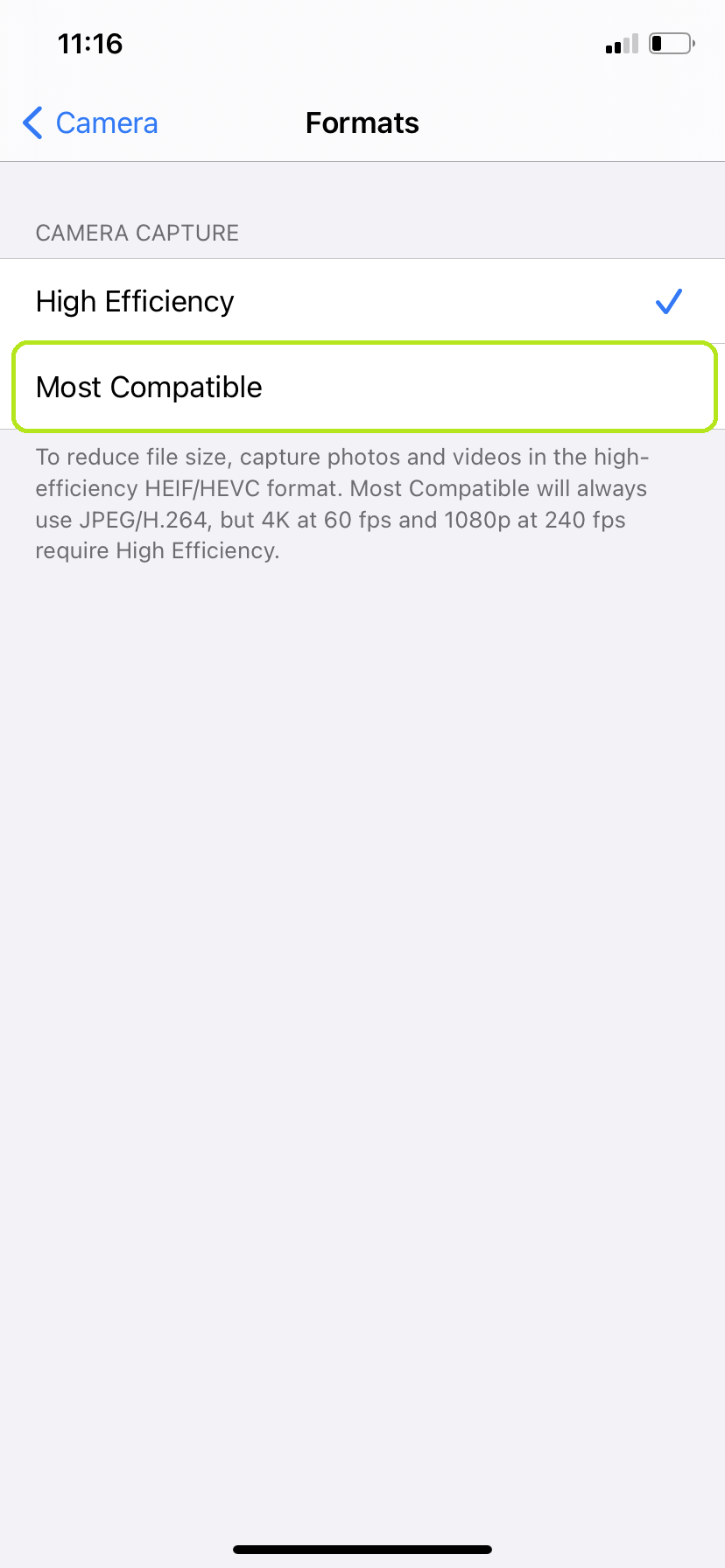 Screenshot of iPhone’s Camera ‘Formats’ settings