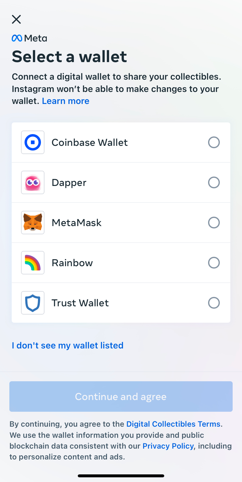 Choose your digital wallet from the list of wallets and log in & Select your favorite NFTs to share with your community!