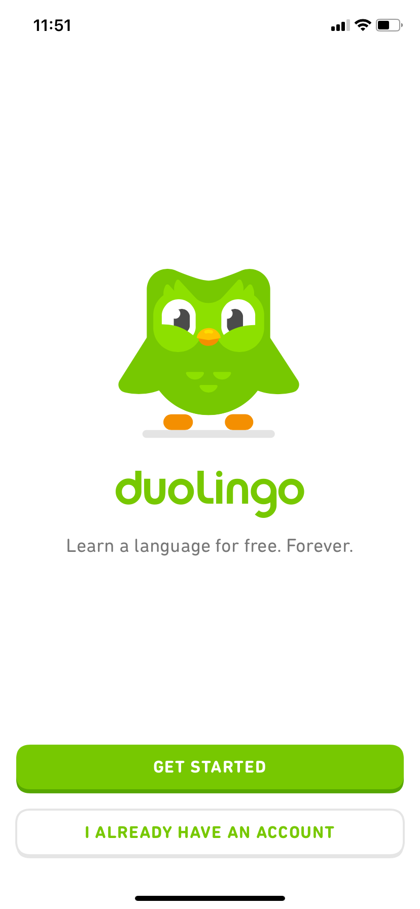 Screenshot of the home page of Duolingo when first opening the app, inviting user to get started or login