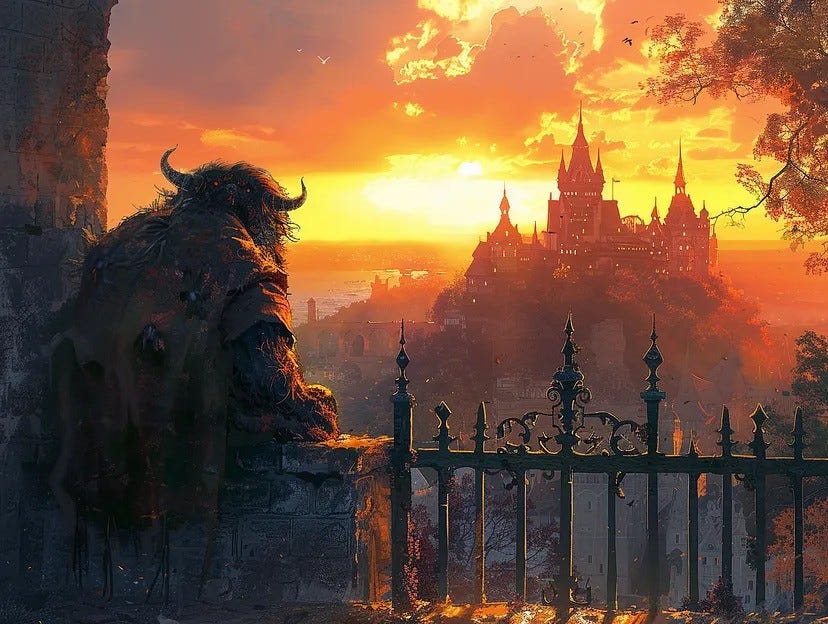 horned fantasy beast sitting on gate looking at castle at sunset