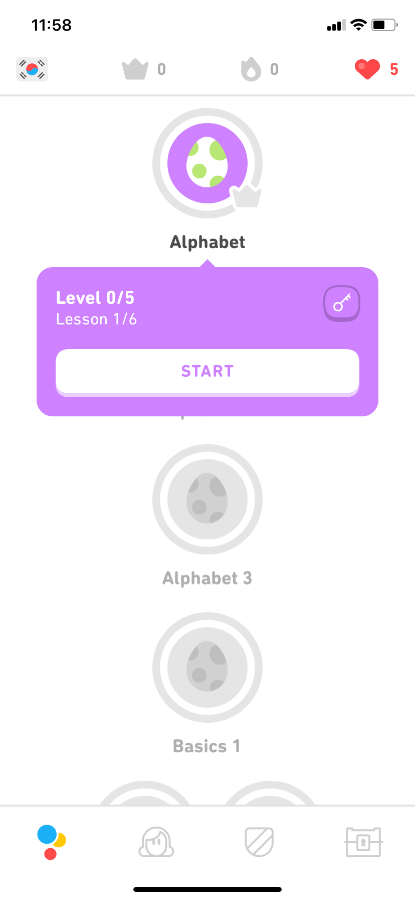 Screenshot of a brand new start with the app, where the user can select his first level to try out