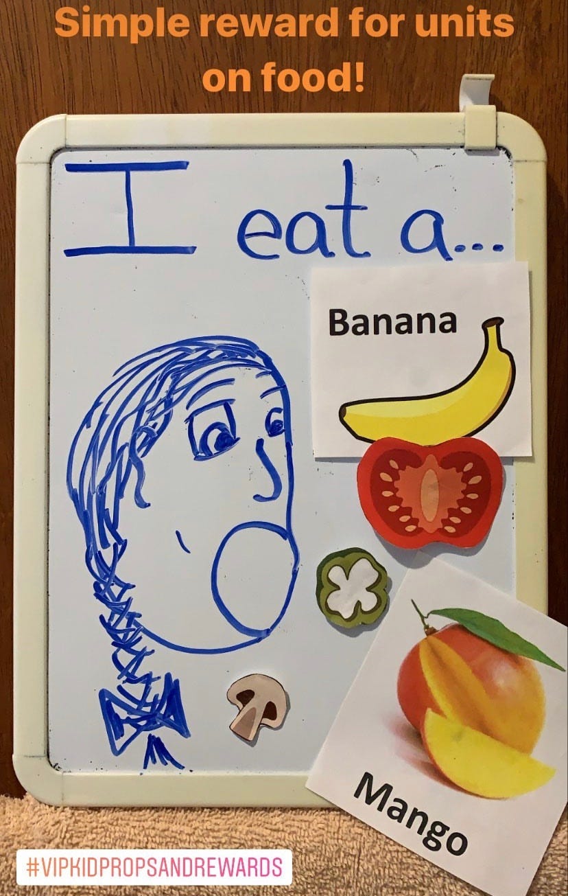 A blue face of a woman with a wide mouth and braid is drawn on a whiteboard. Cutout pictures of food are taped onto the board