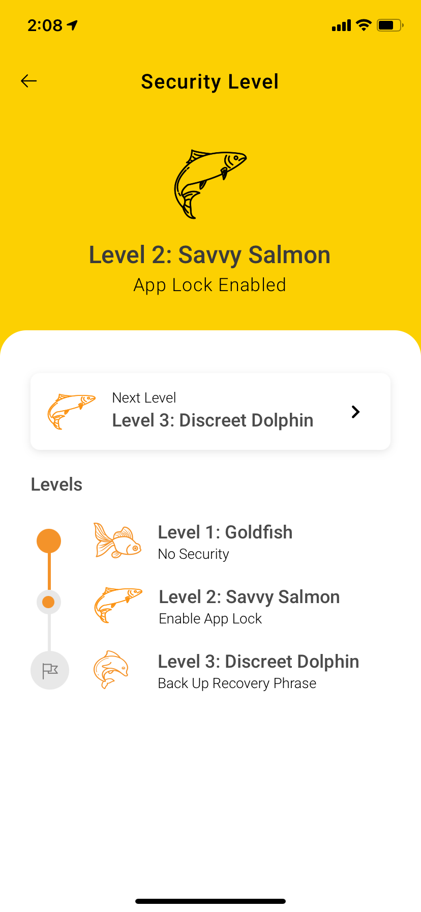 Galleon mobile screenshot showing multiple secruity levels