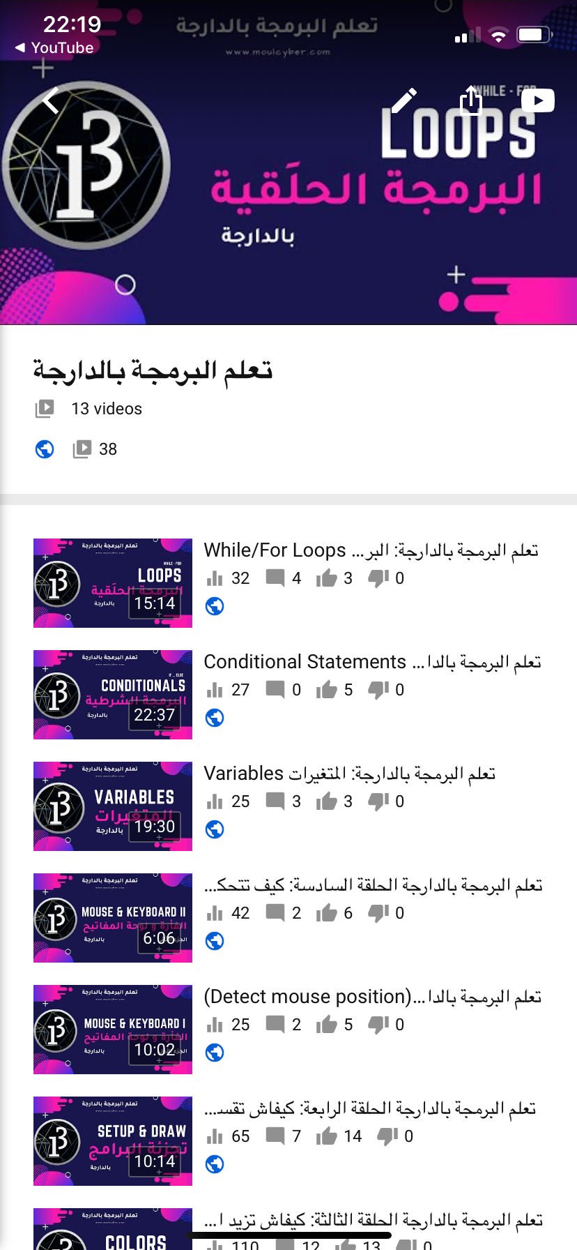 A screenshot of a playlist on YouTube of Moul Cyber videos, including While/For Loops and Variables.