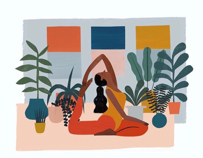 a drawing of an ethnic woman stretching on the floor, surrounded by house plants.